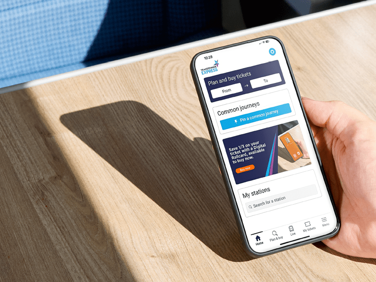 A phone showing the TransPennine Express mobile app. 
