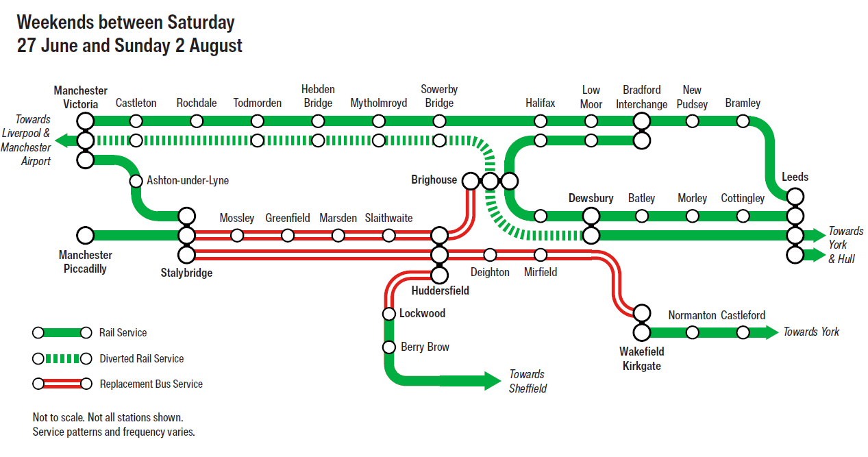 A map showing the engineering work from the 27 June to 2 August