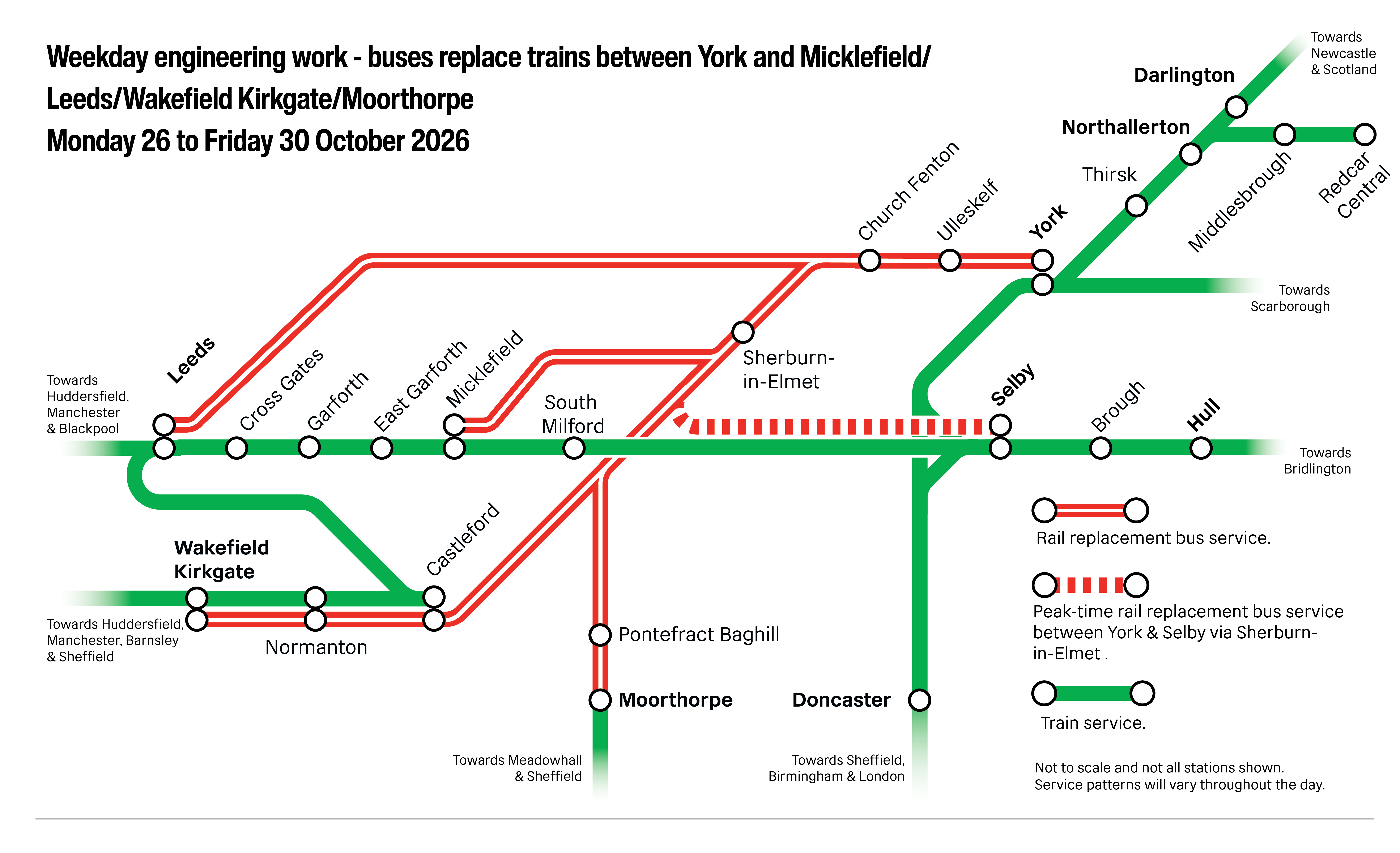 Engineering work between Leeds and York map 26 October to 30 October 
