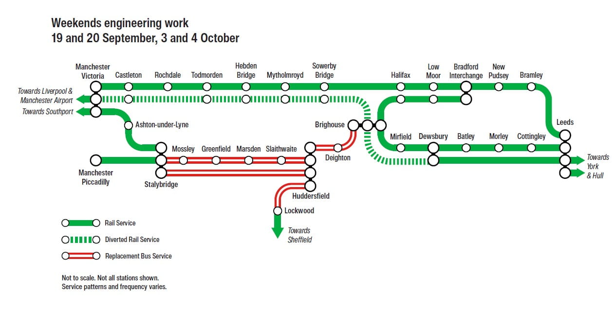 Engineering work map Huddersfield tunnel 19 20 Sep 3 4 October 