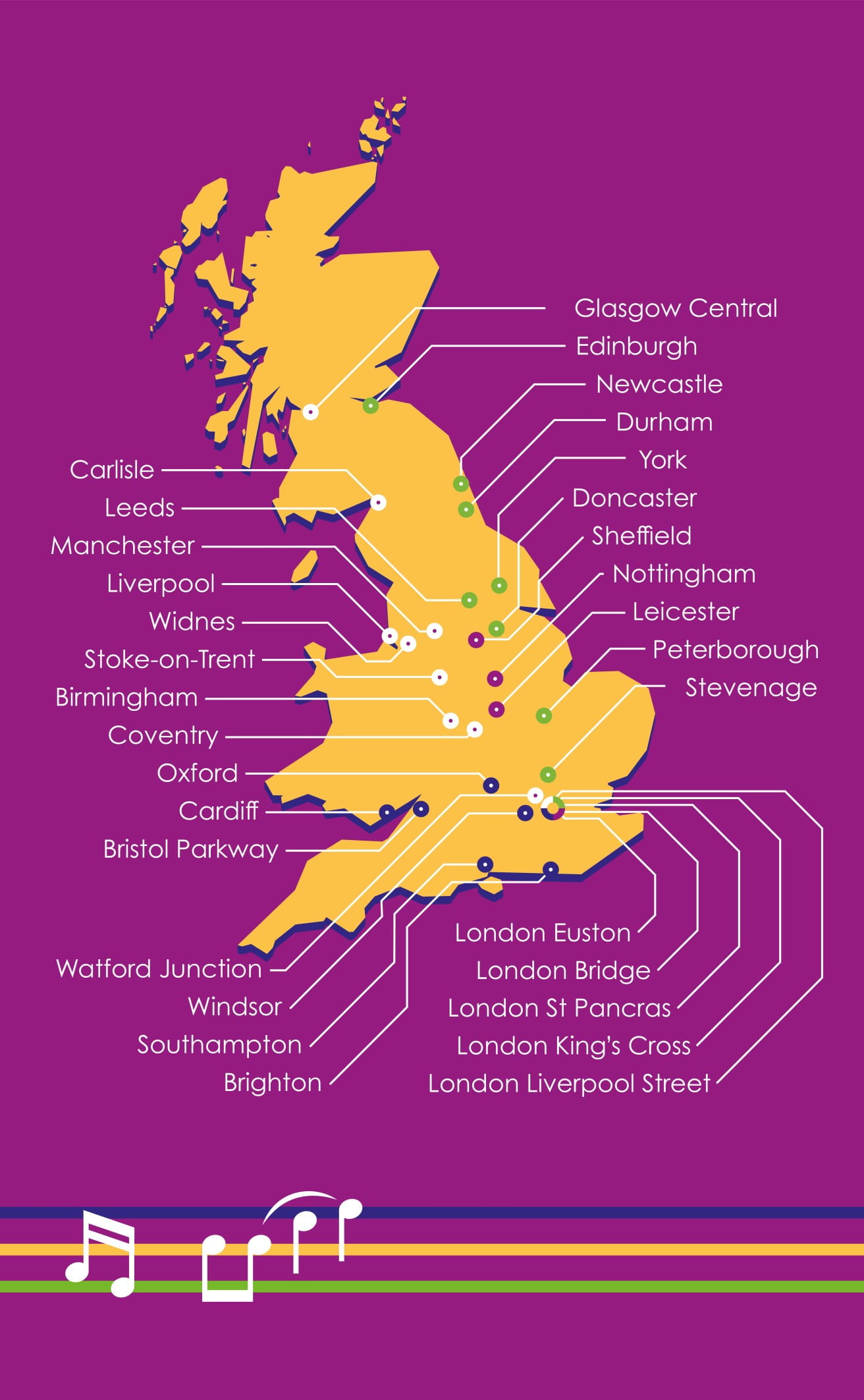 A map showing all the locations where the Musial Routes audio guides are available. Full list is found below on this page.
