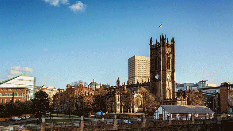 A gif of the Manchester cathedral changing from the current version to the reimagined version