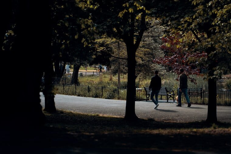 Two people walking through a park