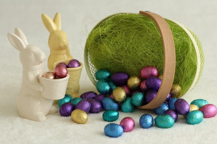Mini chocolate easter eggs in a basket