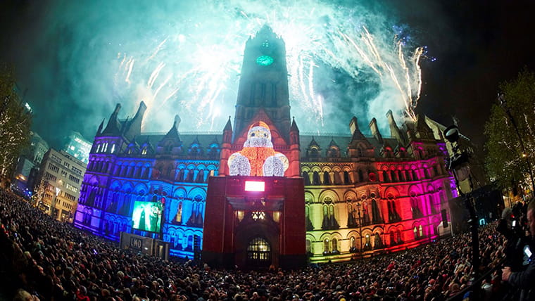 Christmas lights switch on at Manchester Town Hall, Albert Square